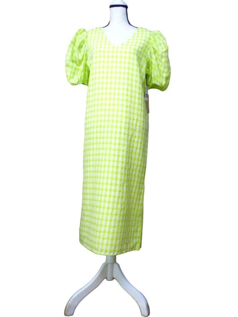 Halogen Puff Sleeve Midi Dress, Lime Green/ White, M - Picture 4 of 11